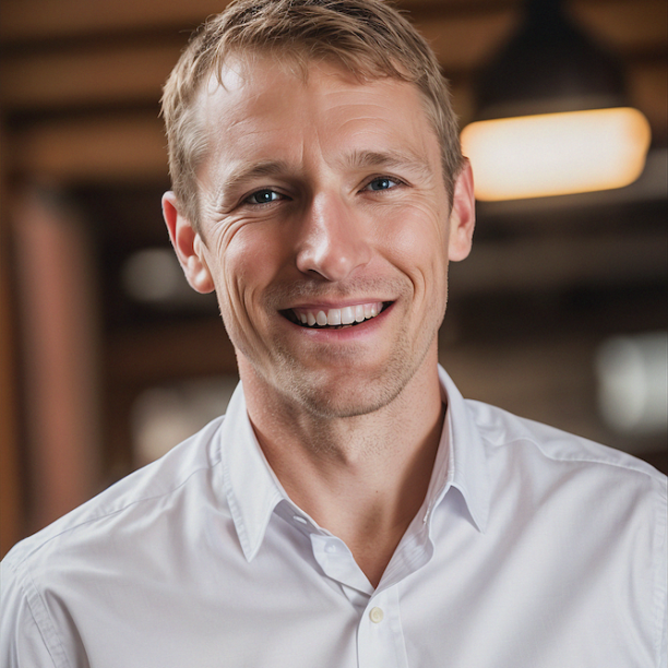 A smiling man in a white button-up shirt stands indoors with wooden beams and a pendant light in the background.